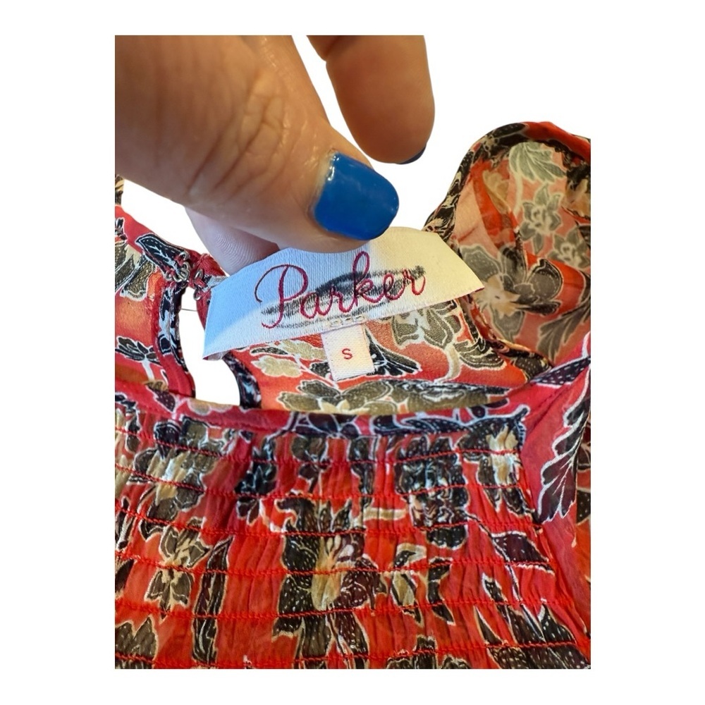 Parker Red Black Silk Floral V Neck Dress Mini Smocked Waist Ruffled Mini Dress - Picture 2 of 15